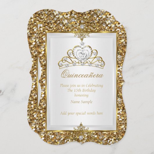 Invitation Quinceanera Gold Parties scintillant White Pearl T (Devant / Derrière)