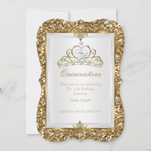 Invitation Quinceanera Gold Parties scintillant White Pearl T (Devant)