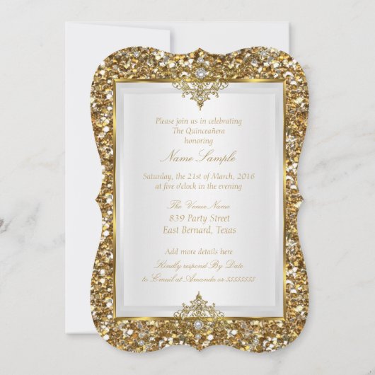 Invitation Quinceanera Gold Parties scintillant White Pearl T (Dos)