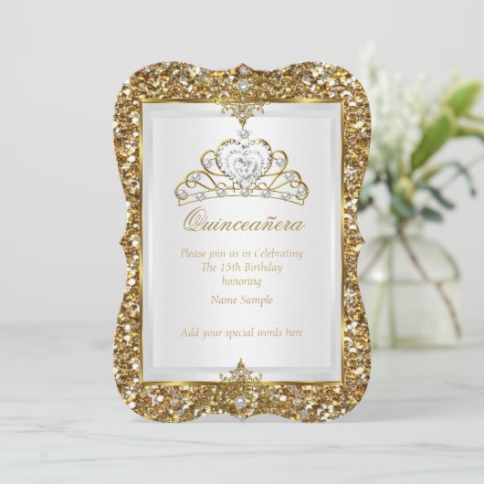 Invitation Quinceanera Gold Parties scintillant White Pearl T (Debout devant)