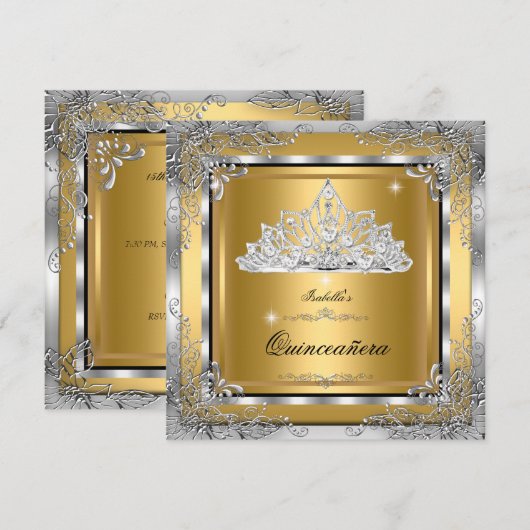 Invitation Quinceanera Gold Silver Diamond Tiara 15ème Partie (Devant / Derrière)