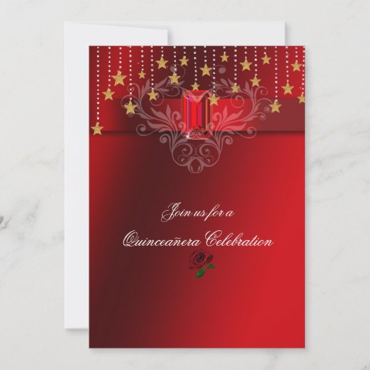 Invitation Quinceanera Gold Stars Ruby rouge & Roses rouges (Devant)