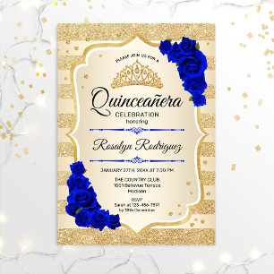 Invitation Quinceanera - Gold Stripes Royal Blue