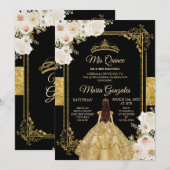 Invitation Quinceanera Gold & White Floral Couronne d'anniver (Devant / Derrière)