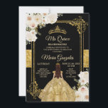 Invitation Quinceanera Gold & White Floral Couronne d'anniver<br><div class="desc">Quinceanera Gold & White Floral Birthday Crown Black arrière - plan Invitation Mis Quince Anos,  15e anniversaire, </div>