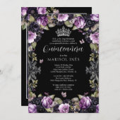 Invitation Quinceañera Gótica Morada y Negra con Flores Moody (Devant / Derrière)