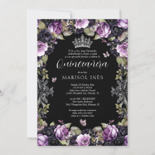 Invitation Quinceañera Gótica Morada y Negra con Flores Moody