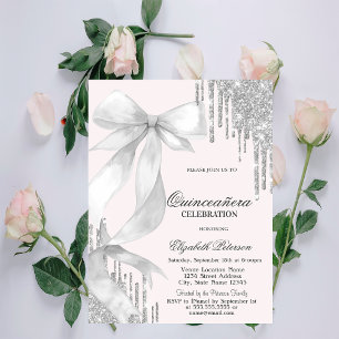 Invitation Quinceañera Gouttes de Paillettes Argentées Nœud B