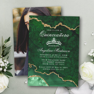 Invitation Quinceanera Green Gold Marble Agate Géode Photo