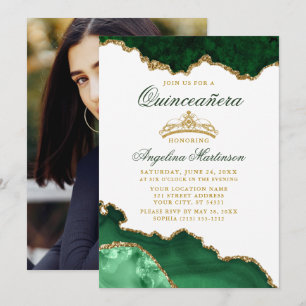 Invitation Quinceanera Green Marble Gold Crown Photo