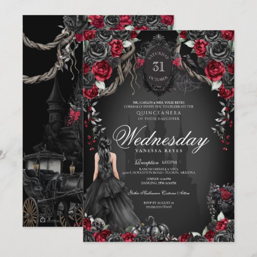 Invitation Quinceanera Hantée Rose noir Red Halloween (Devant / Derrière)
