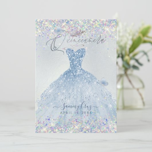 Invitation Quinceanera Holographique Confetti Robe Bleue Dust (Debout devant)