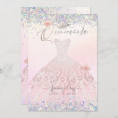 Invitation Quinceanera Holographique Confetti Rosé Rose (Devant / Derrière)