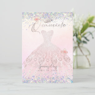 Invitation Quinceanera Holographique Confetti Rosé Rose 