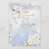Invitation Quinceanera Holographique Dusty bleu robe d'argent (Devant / Derrière)