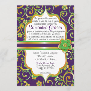 Invitation Quinceañera Invi espagnol sombre, vert et doré