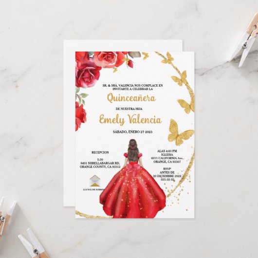 Invitation Quinceañera invitacion en español (Devant/Arrière en situation)