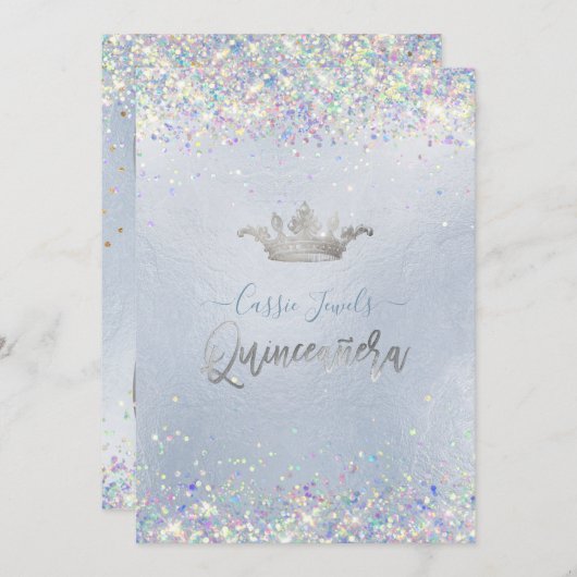 Invitation Quinceanera Iridescent Confetti+Princess Crown (Devant / Derrière)