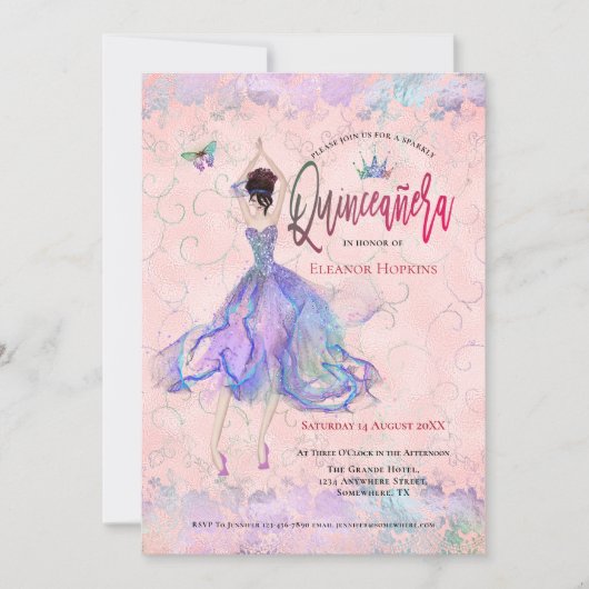 Invitation Quinceanera Iridescente Blush Rose Dancing Girl (Devant)