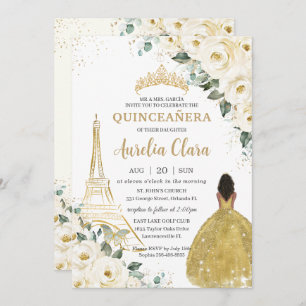 Invitation Quinceañera Ivory Floral Paris Gold Brown Princess