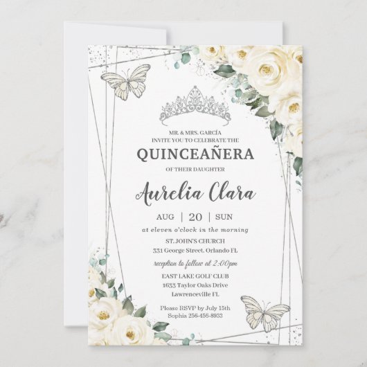 Invitation Quinceañera Ivory White Floral Papillons Couronne  (Devant)
