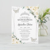 Invitation Quinceañera Ivory White Floral Papillons Couronne  (Debout devant)