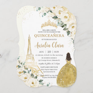 Invitation Quinceañera Ivory White Floral Paris Gold Princess