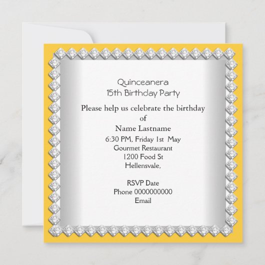 Invitation Quinceanera Jaune 15ème fête d'anniversaire de Tia (Dos)