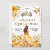 Invitation Quinceañera Jaune Floral Or Tiara Princesse (Devant)