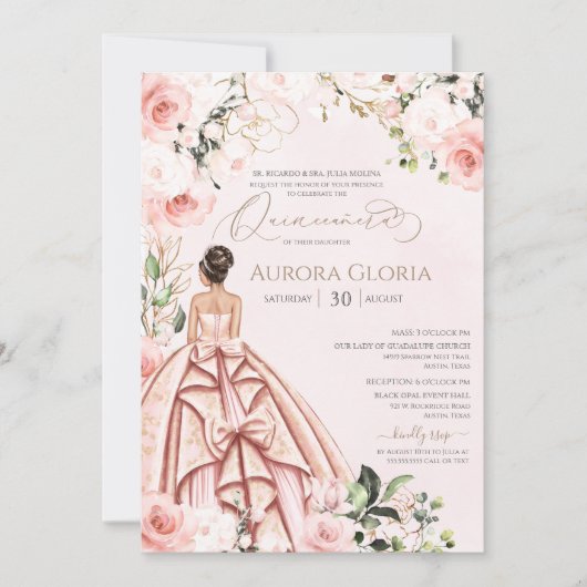 Invitation Quinceanera Joli rose Beau Rose 15e  (Devant)