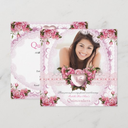 Invitation Quinceanera Jolie rose rose Rose Anniversaire 2 (Devant / Derrière)