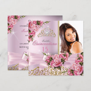 Invitation Quinceanera Jolie rose Roses Tiara Photo Anniversa