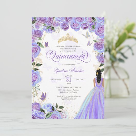 Invitation Quinceanera Lavande Purple Élégant Papillon Inv (Debout devant)