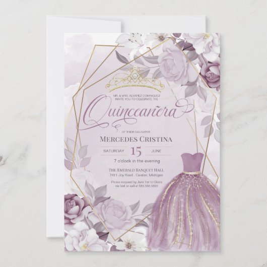 Invitation Quinceañera lavande violet élégant chic Tiara (Devant)