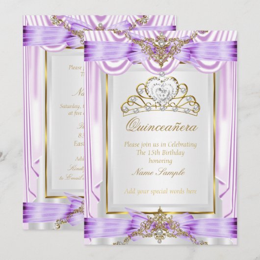 Invitation Quinceanera Lavande violet or blanc (Devant / Derrière)