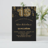 Invitation Quinceanera léopard d'or noir confetti (Debout devant)