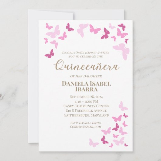 Invitation Quinceañera lettrage or papillons roses (Devant)