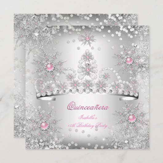 Invitation Quinceanera Light Rose Silver Winter Wonderland (Devant / Derrière)