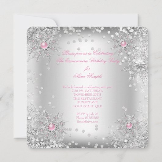 Invitation Quinceanera Light Rose Silver Winter Wonderland (Dos)