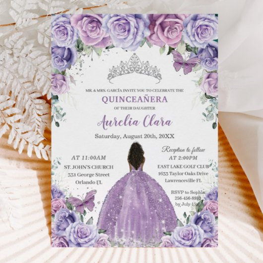 Invitation Quinceañera Lilac Fleurs pourpres Brown Princesse