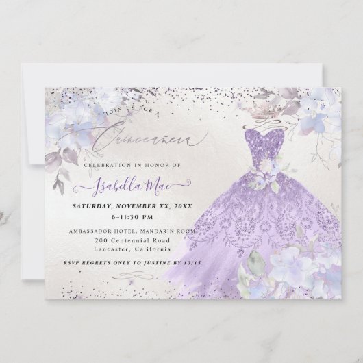 Invitation Quinceanera Lilac Purple Argent Parties scintillan (Devant)