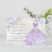 Invitation Quinceanera Lilac Purple Argent Parties scintillan (Debout devant)