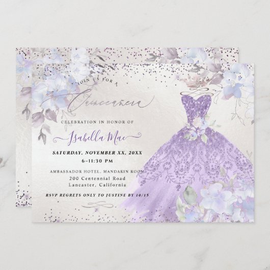 Invitation Quinceanera Lilac Purple Argent Parties scintillan (Devant / Derrière)