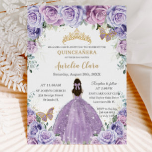 Invitation Quinceañera Lilac Purple Floral Papillons Or