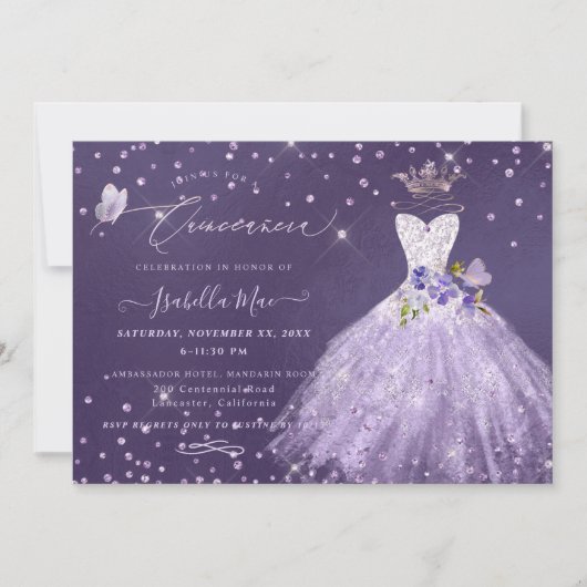 Invitation Quinceanera Lilac Purple Silver Parties scintillan (Devant)