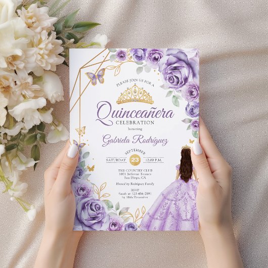 Invitation Quinceanera Lilac Robe violette Florale