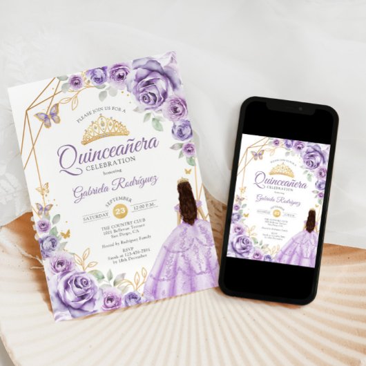 Invitation Quinceanera Lilac Robe violette Florale