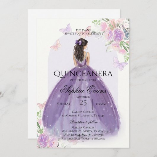 Invitation Quinceanera Lilac Robe violette Florale Princesse (Devant / Derrière)