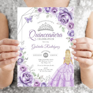 Invitation Quinceanera lilas violet argent blonde fille flora