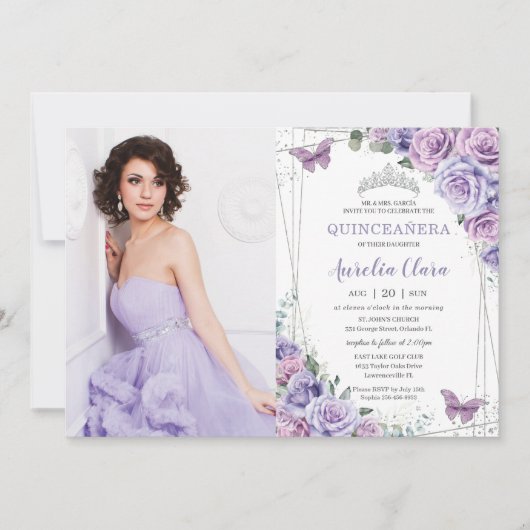 Invitation Quinceañera lilas violettes fleurs papillons argen (Devant)